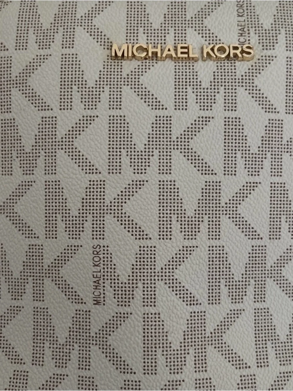 Michael Kors White Logo Crossbody with Brown Trim and Gold Hardware